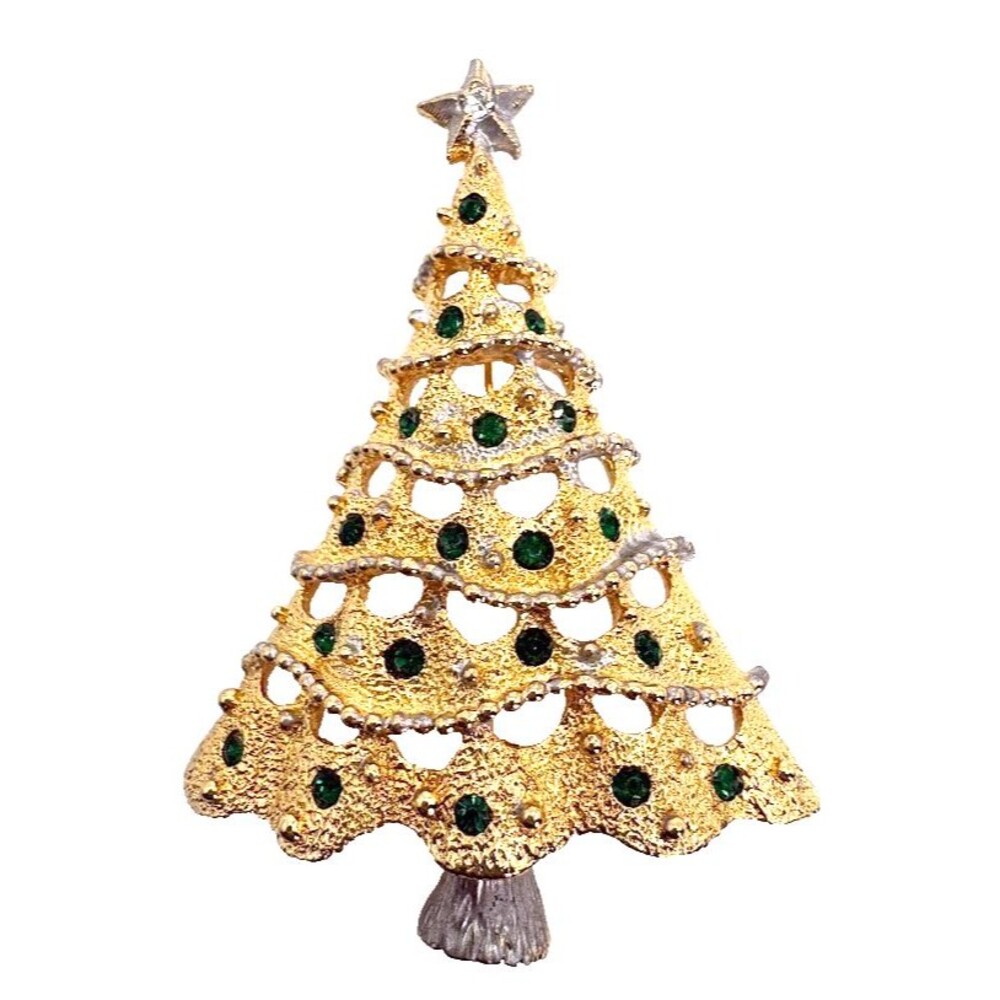 Vintage Christmas Tree Brooch Green Rhinestones Gold Tone Star Holiday Pin